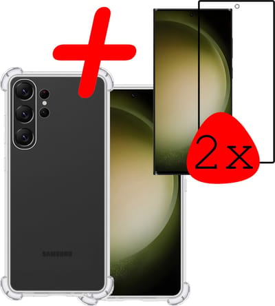 Hoesje Met Screenprotector - 2 Stuks - Geschikt voor Samsung Galaxy S23 Ultra - Sterk & Shockproof - Siliconen Case - Back Cover - Telefoon Hoes - Shock Proof - Transparant