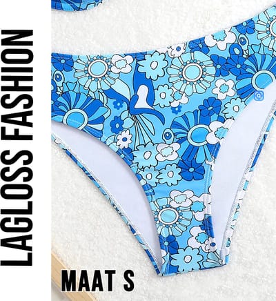 LaGloss® Dames Hoge Taille Bloemenprint Bikini Broekje – Elegant Split Design – Blauw Strandvakantie Zwembroek – Hoog Elastisch – Maat S