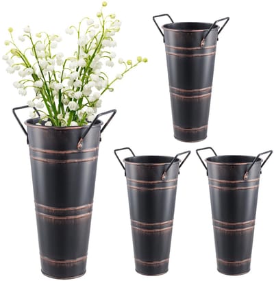 Dailygoods- Metalen Vaas Set van 4 - Gegalvaniseerde Bloememmers - Rustieke Decoratie - Zwarte Vazen - 23 cm Hoog - Koperkleurige Accenten - Bloemenemmer