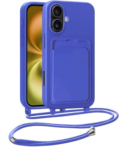 Hoesje Geschikt voor iPhone 16 Plus Telefoonhoesje Met Koord Case Pashouder Siliconen - Hoes Geschikt voor iPhone 16 Plus Hoesje Met Kaarthouder - Felblauw