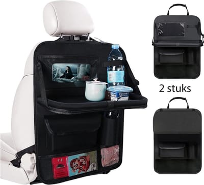 Auto Stoel Organizer, 2 stuks Auto Achterbank Organizer voor Kinderen met Opvouwbare Tafel en Tablet/Telefoon Tas, 600D Oxford Stof, Waterdicht met Veel Zakken (Zwart, Pak van 1)