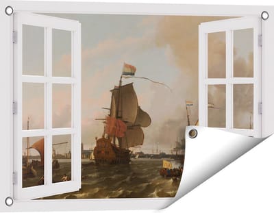 Gards Tuinposter Doorkijk Het Oorlogsschip Brielle op de Maas voor Rotterdam - Ludolf Bakhuysen - 60x40 cm - Tuindoek - Tuindecoratie - Wanddecoratie buiten - Tuinschilderij