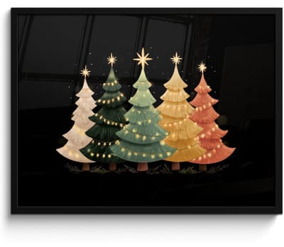 Poster in lijst - Fotolijst 80x60 cm - Posters - Kerstbomen - Kleurrijk - Lichtjes - Ster - Posterlijst zwart - Decoratie - Wanddecoratie woonkamer - Muurdecoratie slaapkamer - Kerstversiering - Kerstdecoratie voor binnen - Kerstmis