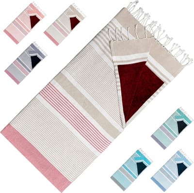 Arowell strandlaken - Trendy strandhanddoek - Slim ontwerp - 2 lagen bescherming tegen zandhitte - sneldrogend compact - zandvrij strandlaken - 170 x 90 cm - Beige-burgundy