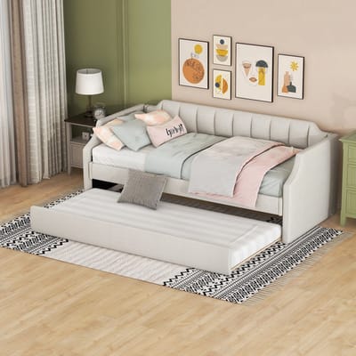 KOMHTOM - DAY-bedden - 90 x 200 (190) cm - gestoffeerd eenpersoonsdagbed - met uitschuifbed - beige