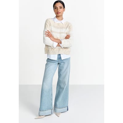 Rich & Royal Boat Neck Pullover Yarn Mix Stripe Pearl White Size: XS | Sweaters Outlet | Dames | Wit