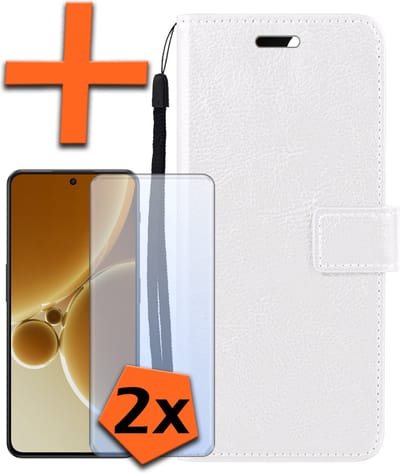 Hoes - Met 2x Screenprotector - Geschikt voor OnePlus Nord 3 - Luxe Pasjeshouder - Bookcase Portemonee - Flip Case - Kunstleer Book Case - Flipcase Hoes - Book Cover - Walletcase - PortemonneeHoes - Wit