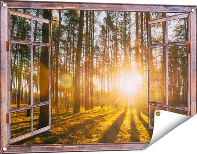 Gards Tuinposter Doorkijk Zonsopkomst in het Bos tussen de Bomen - 90x60 cm - Tuindoek - Tuindecoratie - Wanddecoratie buiten - Tuinschilderij