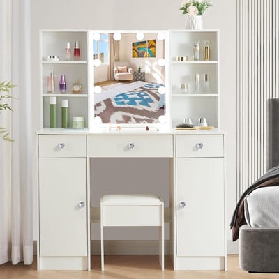 Make-uptafel met spiegel en verstelbare ledlampen - Kaptafel met 3 laden, 4 open planken en 2 kasten - Wit - 100 x 40 x 140 cm make up tafel