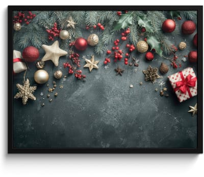 Poster in lijst - Fotolijst 80x60 cm - Posters - Kerstomlijsting - Hulst - Kleurrijk - Posterlijst zwart - Decoratie - Wanddecoratie woonkamer - Muurdecoratie slaapkamer - Kerstversiering - Kerstdecoratie voor binnen - Kerstmis