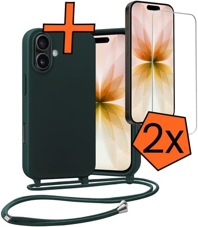 Hoesje Geschikt voor iPhone 17 Hoes Met Telefoonketting Met 2x Screenprotector - Backcover Geschikt voor iPhone 17 Case Met Koord - Donkergroen