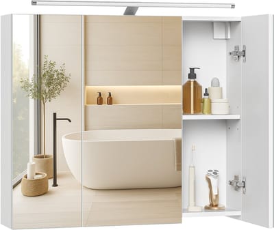 VASAGLE - Badkamer Kastje - Badkamerspiegelkast met Verlichting - 3 Deuren - Verstelbare Planken