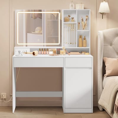 Kaptafel met Spiegel en Licht, Make-uptafel met Stopcontact en Sieradenopberger, 110 cm Breed