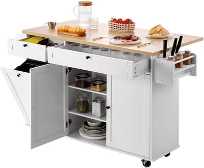 Mobiele Keukeneilandwagen met Opbergruimte, 153 Cm Brede Keukenwagen Op Wieltjes met Klep, 2 Lades, Afvalbak, Messenhouder, Kruidenrek En Handdoekhouder, Tafel voor Eethoek