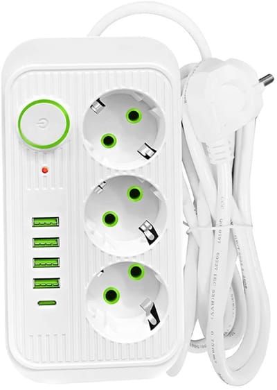 Stekkerdoos met USB en PD Snelladen - 2 Meter Verlengkabel, 3 AC Stopcontacten, 5 USB-poorten (Inclusief 1 Type-C) - Netwerkfilter voor Veilig Opladen- Wit