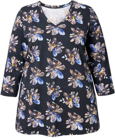 Ulla Popken - Dames - Shirt A-lijn V-hals 3/4-mouwen - Zwart - Maat 54+