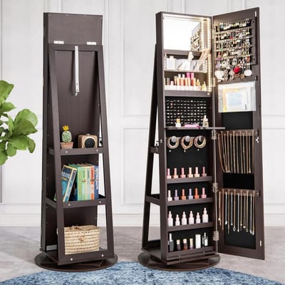Sieradenkast - Spiegelkast Organizer - Sieraden Opbergen - 360 Graden Draaibaar - 161 cm Hoog - Donkerbruin