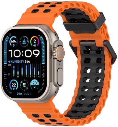 Siliconen bandje - geschikt voor Apple Watch series 1/2/3/4/5/6/7/8/9/10/11/ SE (1,2,3) / Ultra (1,2,3) met maat 44 mm / 45 mm / 46 mm / 49 mm - ocean stijl met gesp - oranje zwart