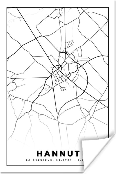 Poster België – Hannut – Stadskaart – Kaart – Zwart Wit – Plattegrond - 120x180 cm XXL