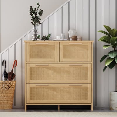 Dressoir - 80x80x38 cm - Rattan Met 4 Lades - Voor Woonkamer en Slaapkamer - Hout - Naturel
