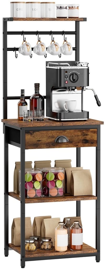 Dailygoods- Keukenrek Staand - 5 Rekplanken - Koffieorganizer - Stalen Frame - 8 Haakjes - 43 x 33 x 134,5 cm - Opbergrek