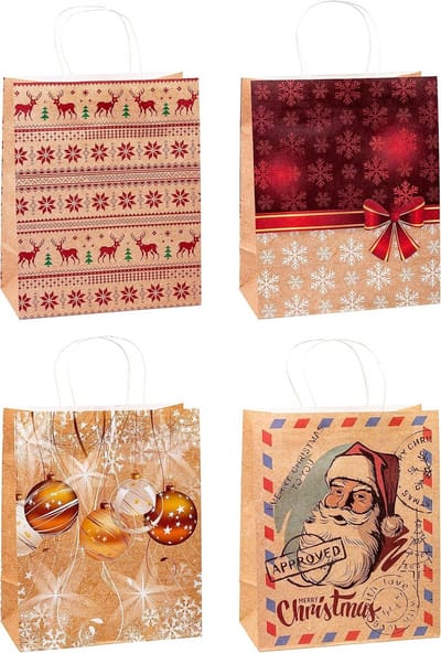 Kerst Kraftpapier Cadeauzakjes - 12 Stuks, Groot formaat