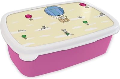 Broodtrommel Roze - Lunchbox - Brooddoos - Patroon - Muis - Luchtballon - 18x12x6 cm - Kinderen - Meisje
