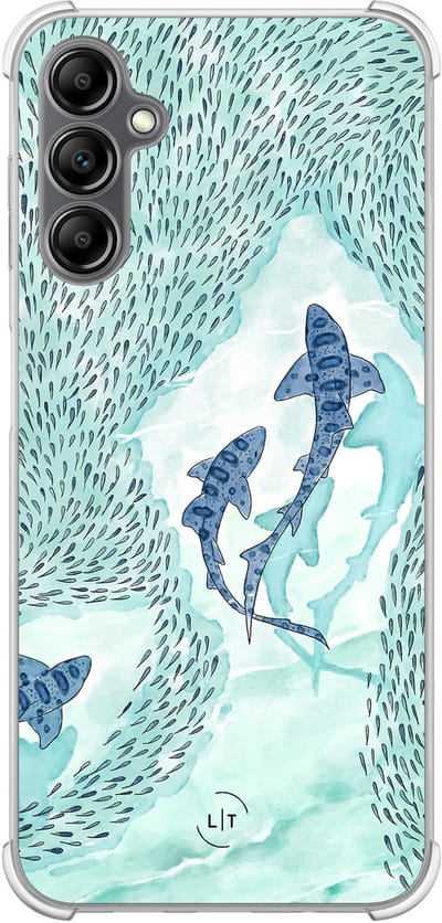 Shockproof hoesje - Geschikt voor Samsung Galaxy A14 5G - Baby shark - Extra sterke case - TPU/polycarbonaat - Print / Illustratie - Blauw, Transparant