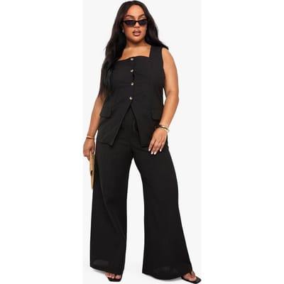 boohoo Dames Plus linnenlook vest met vierkante hals en op maat gemaakte broek met wijde pijpen Co-Ord | Zwart | Maat: 44
