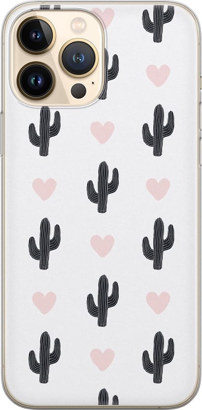 Leuke Telefoonhoesjes - Hoesje geschikt voor iPhone 13 Pro Max - Cactus hartjes - Soft case - TPU - Planten - Zwart