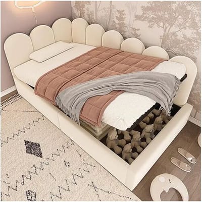 KOMHTOM Kinderbed 90x190cm, gestoffeerde slaapbank met hydraulische opslag, metaal Vlak noedelsframe, fluweel, beige