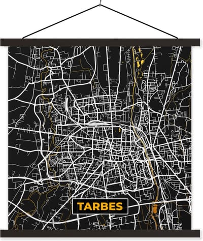 Posterhanger incl. Poster 60x60 cm - Schoolplaat - Plattegrond – Kaart – Stadskaart – Frankrijk – Tarbes - Textielposter - Zwarte latten - Stadskaart