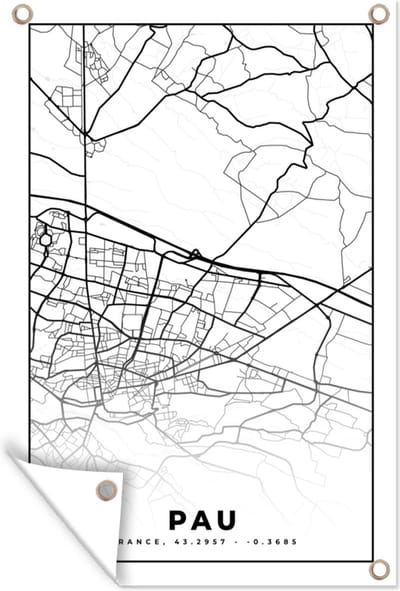 Muurdecoratie Kaart - Stadskaart - Pau - Frankrijk - Plattegrond - Zwart wit - 120x180 cm - Tuinposter - Tuindoek