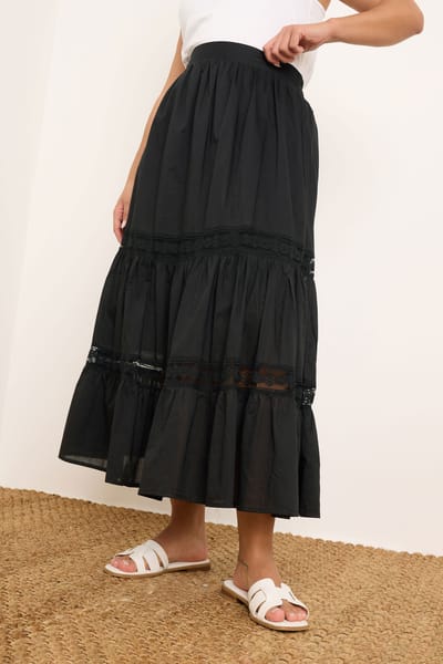 Yours Katoenen Maxi Rok Met Gehaakte Panelen In Zwart Size 42