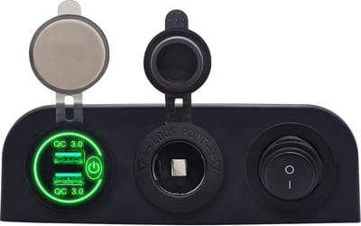 ProRide 12V USB Autolader 2 Poorten - QC3.0 - Drievoudig opbouw paneel - Sigaretten stopcontact en Schakelaar