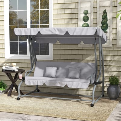 Pugsdrly 2-in-1 Hollywoodschommel met ligfunctie, verstelbaar dak, tot 340 kg, staal, 200 x 120 x 164 cm, grijs