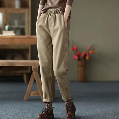 Pantalon décontracté pour femme mode taille élastique printemps automne hiver couleur unie coton pantalon épais pantalon femme sarouel plus velours XXXXL kaki
