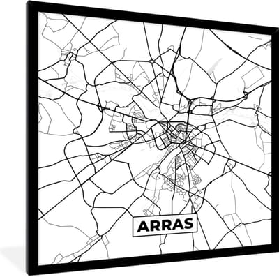 Fotolijst incl. Poster Zwart Wit- Stadskaart - Plattegrond - Kaart - Arras - Frankrijk - Zwart wit - 40x40 cm - Posterlijst