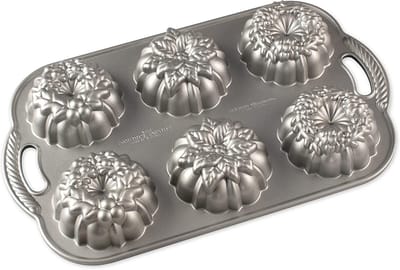 Mini Cakevorm - Taartvorm Wreath - Feestelijke Baksels Maken - Gegoten Aluminium - 6 Mini Cakes - Zilver
