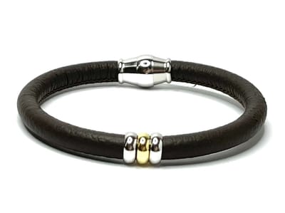 NIEUW! Jolla - dames armband zilver - leer - magneetsluiting - bedels - tweekleurig - Single Ladies - Donker Bruin
