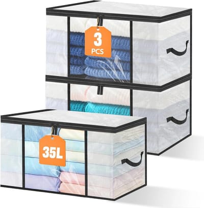 Transparante Opbergdozen Set van 3 - 35 Liter - Opvouwbare Verhuisdozen met Deksel - Versterkte Handgreepen voor Kleding en Beddengoed