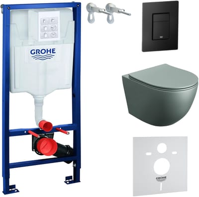Inbouwreservoir Complete Toiletset Grohe Solido 39069000 - Inbouw WC Hangtoilet Wandcloset Sinto Grey - Bedieningsplaat EVEN 3in1 Zwart - Voorwandelement - Installatiesysteem