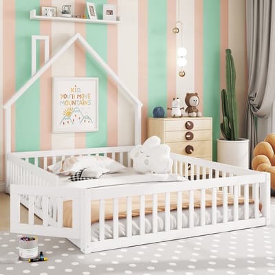 MEUNIQ Kinderbed 140 x 200 cm met schoorsteenvorm, lattenbodem en veiligheidshek rondom, bedframe voor kinderkamer, wit, zonder matras