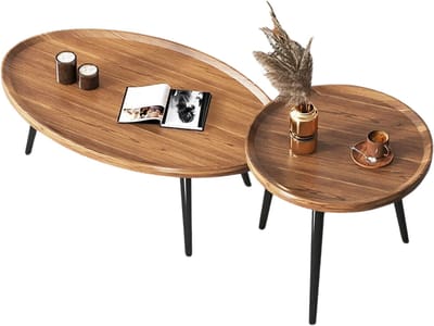 NaevaMi Ronde Salontafel - Set van 2 - Ovaal: 80x55x38cm / Rond: 40x47.5cm - Draagvermogen 50kg en 30kg - Hout - Rond - Ovaal - Bijzettafels - Metalen Poten - Modern - Industrieel - Walnoot Bruin en Zwart