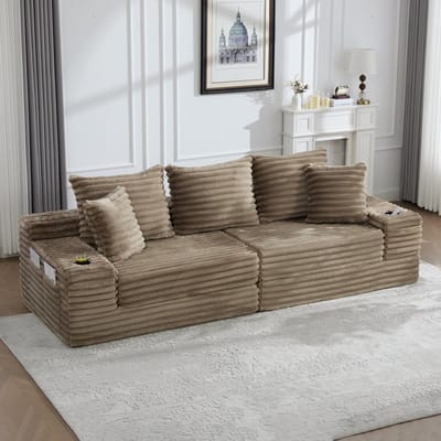 MODENUIT Slaapbank 273 x 98 cm - Hoge Rugleuning met Zijvakken en Bekerhouders - Woonkamer - Cordstof Khaki