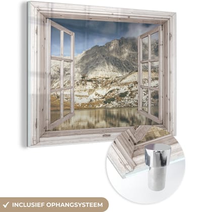 MuchoWow® Glasschilderij 40x30 cm - Schilderij acrylglas - Doorkijk - Hout - Berg - Foto op glas - Schilderijen