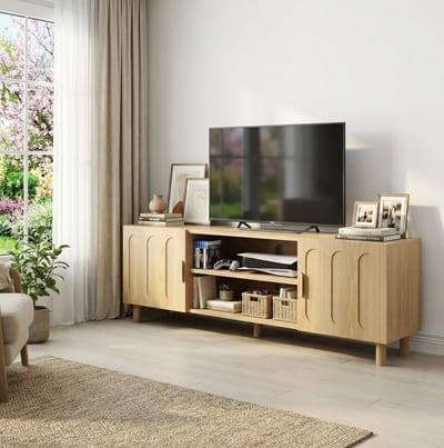 FloraGrace Tv Meubel - Landelijke Stijl Met Opbergruimte En Kabeldoorvoer - Voor Woonkamer En Slaapkamer - MDF - 140x40x48 Cm - Eikenkleur