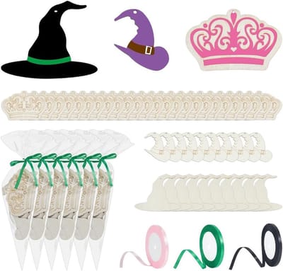 Maak je eigen Heks Halloween Knutselset: Roze en Groene Feestartikelen, Heksenhoeden, Prinsessenkronen en Houten Knutselmateriaal voor Cadeaus en Gastgeschenken