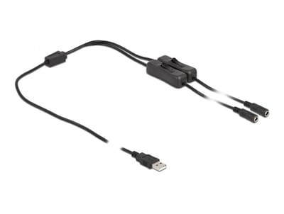 USB-A - 2x DC plug splitter | 5,5 x 2,1mm | max. 5V/3A (15W) | schakelaars | zwart | 1 meter