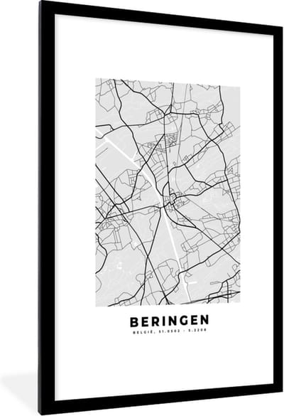 Fotolijst incl. Poster Zwart Wit- Zwart Wit – België – Plattegrond – Stadskaart – Kaart – Beringen - 80x120 cm - Posterlijst